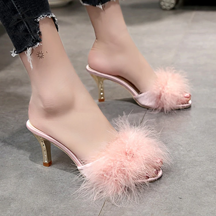 

Women fancy high thin 7cm heel fur plush slipper summer outdoor fashion party ladies slides slippers, Black,pink,beige