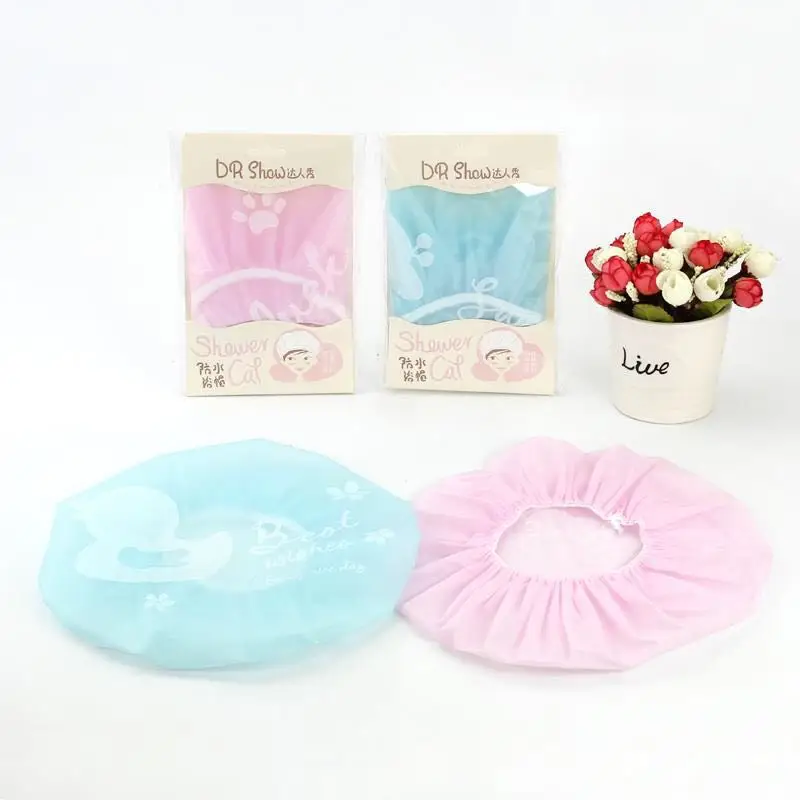 

New Arrival portable waterproof plastic Bath cap reusable women shower caps, Pink blue