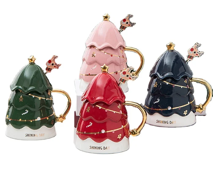 

cartoon bulk ceramic household 3d luxury Mug Coffee Cup christmas tree shaped mugs star set with lid, Gradients mugs