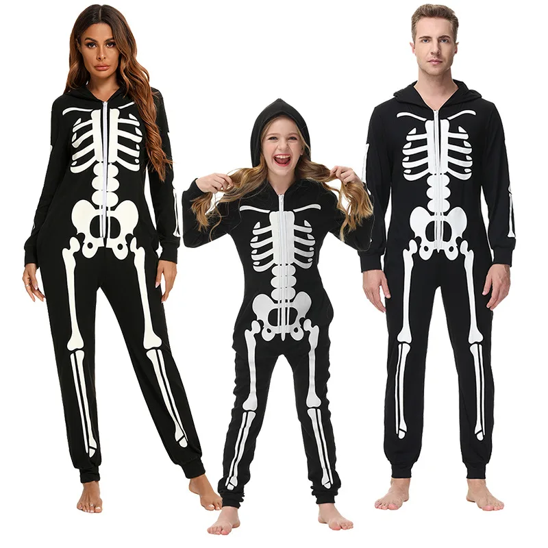 

2021 latest upgrades will glowing family costume skeleton costume - the terrible black and white Halloween jumpsuit