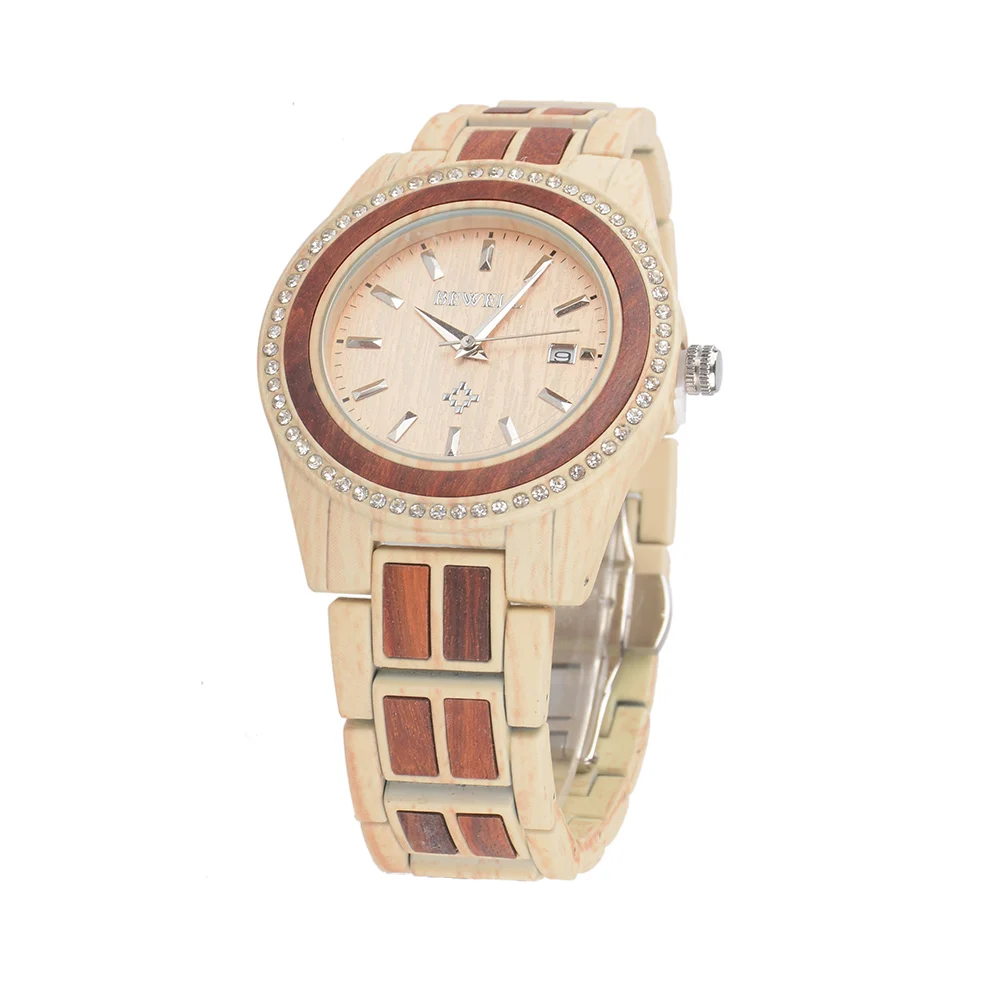 

On Sales Bewell Men Stainless Steel Watch with Diamonds Wooden Case & Band 3ATM Waterproof