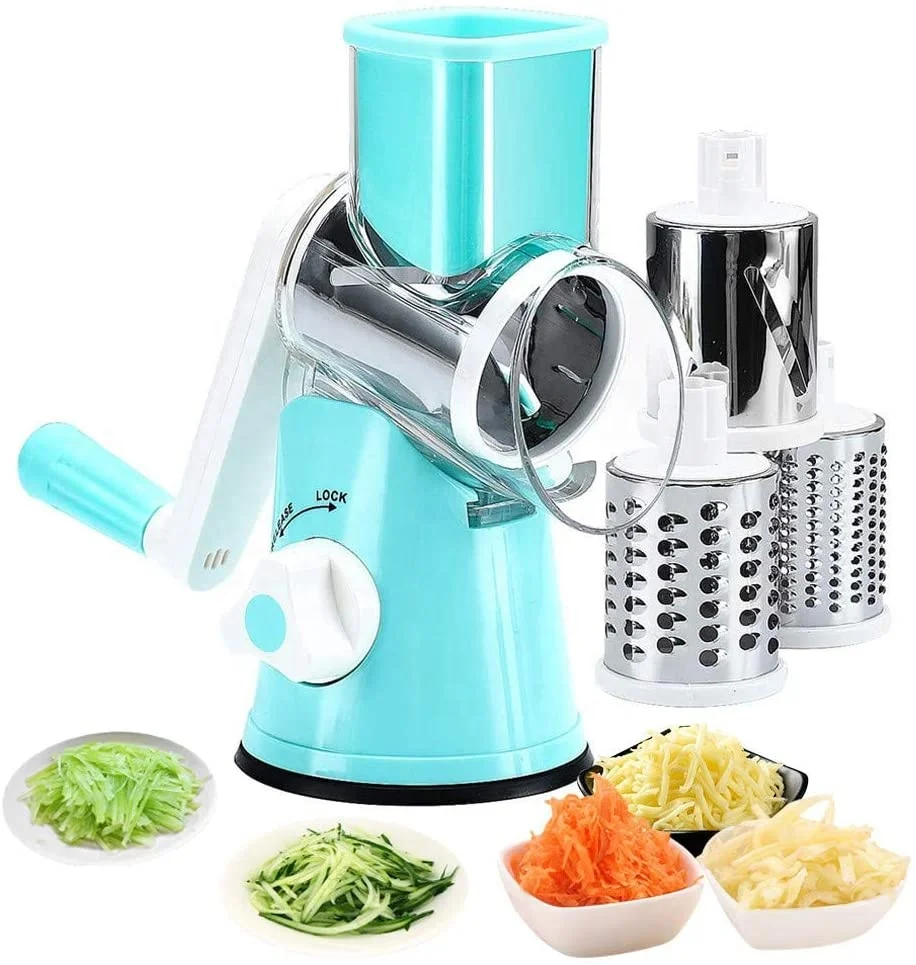 

Mandoline Vegetable Chopper Slicer,Multi-Function Speedy Rotary Round Drum Cheese Grater with 3 Stainless Steel Rotary Blades, Red/green/blue