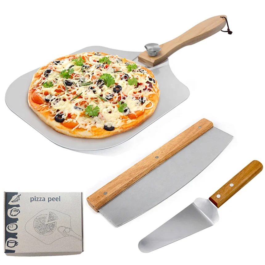 

Hot Selling Shipping to USA Amazon Kitchenware Baking Equipment Aluminum 14*12" Pizza Peel Shovel Pizza Cutter 3 pcs Set