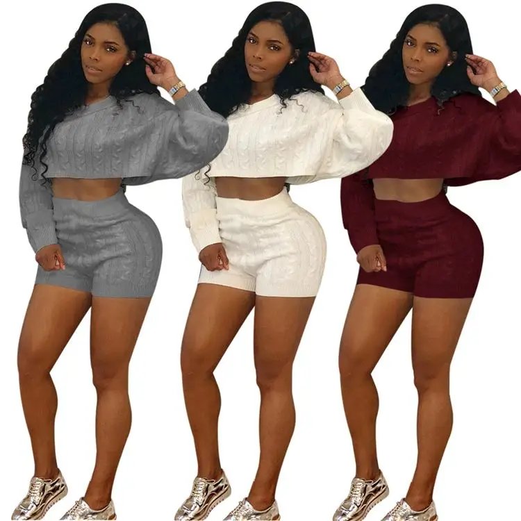 

2020 Sexy Ladies 2 Pcs Outfits Crop Tops Minipants Winter Sweater Women Two Piece Set, Picture