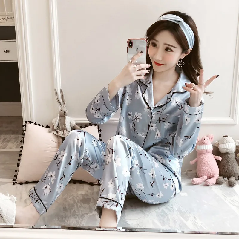

Pyjamas Set Long Sleeve Sleepwear Female Sleep Two Piece Set Loungewear Womens Silk Satin Pajamas