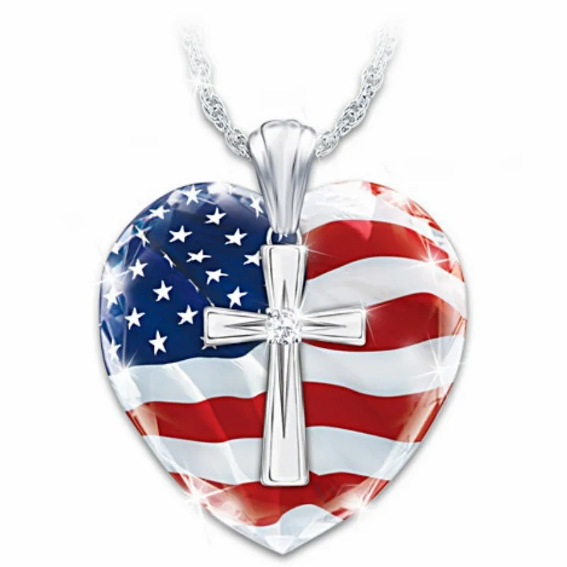 

American Flag Necklace Alloy Cross Heart Pendant Necklaces Patriotic Jewelry Religious USA Enamel Jesus Religion Chain, Same as the picture