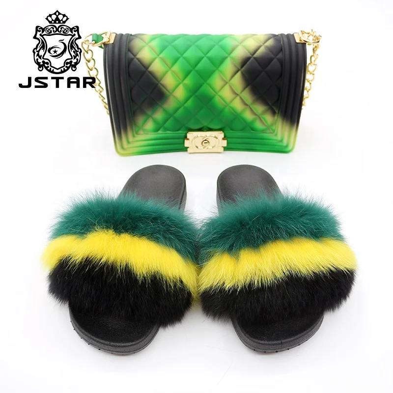 

2021 woman slippers Matching slippers and bag real fox fur handbag slippers for ladies, Multi colors
