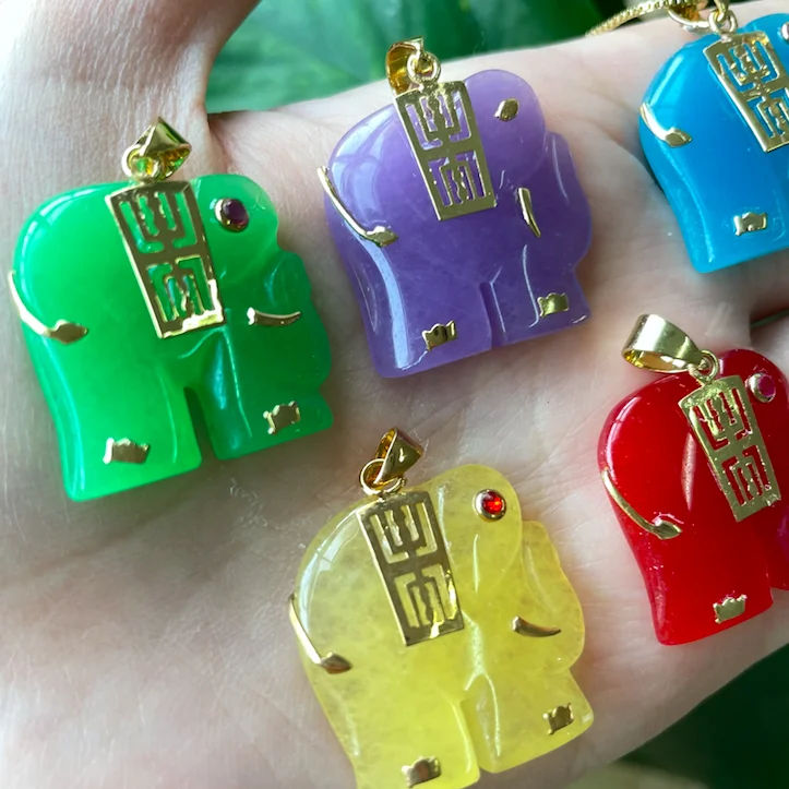 

HOT! jialin jewelry Charms Natural emerald Jade agate Stone yellow clear purple and green jade elephant pendant necklace
