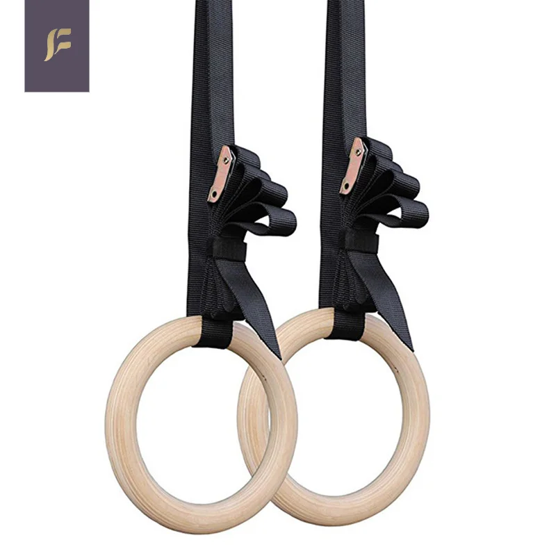 

Core Wooden Strength 32mm 28mm adjustable Exercise Home Fitness Workout Gymnastic ring with numbered straps, Wood color