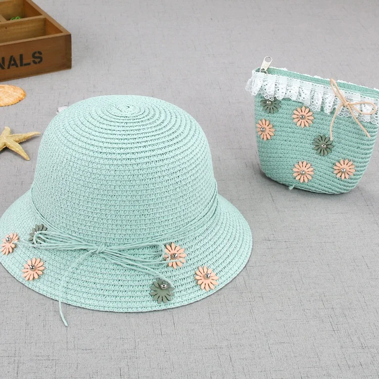 

Straw Hat and Purse Set Children Flower Wing Wide-Brimmed Sunhat Handbag Cap for Girls Summer Beach Ages 2-7 Years, Cyan/white/khaka/beige/ shell pink