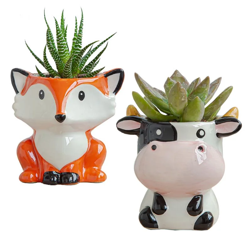 

Nordic New Style Ceramic Animal Flower Pot Cartoon Zebra Sheep Cow Head Mini Pot Succulents Plants Bonsai Pots Home Decoration, As picture