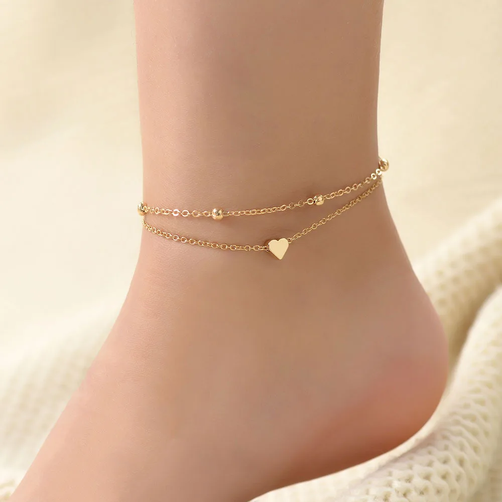 

Double Chain Women Heart Anklets Round Beads Chain Anklet For Girl Women, As pic