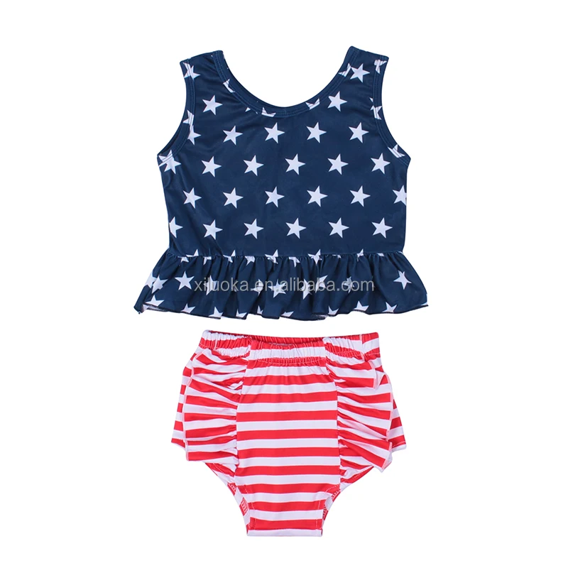 

Summer Boutique Girl Outfits Star Print Top Striped Bloomer Baby 4th of July Clothing Set