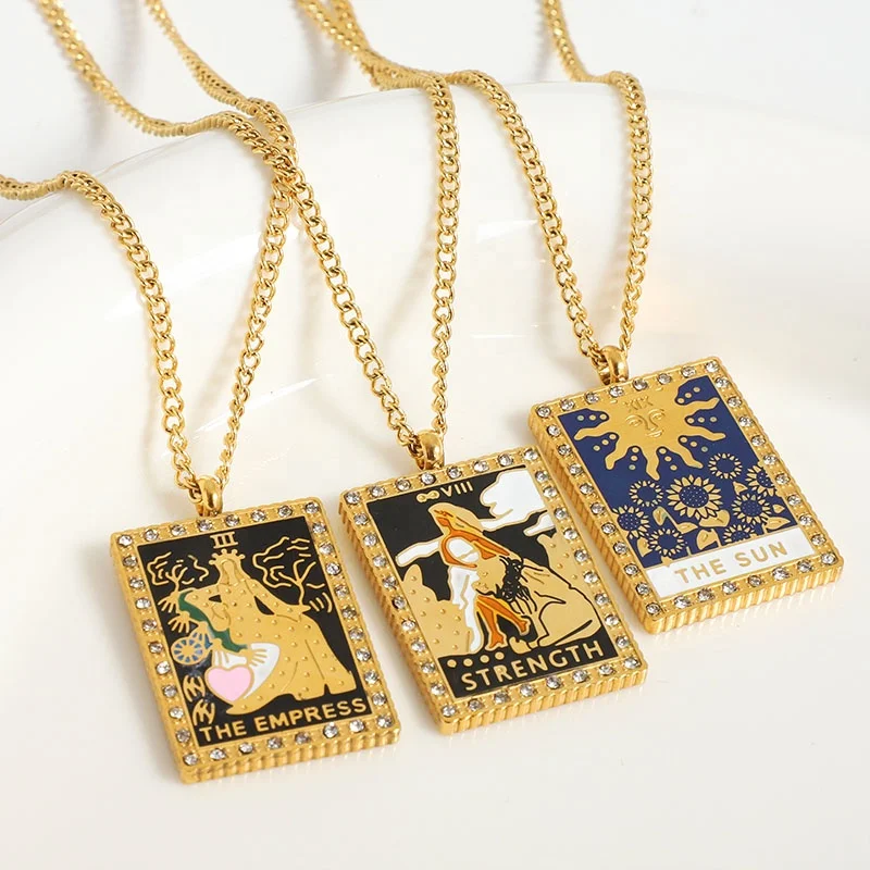 Wholesale Custom Waterproof Hypoallergenic 18k Gold Plated Stainless Steel Enamel Square Tarot Card Pendant Necklace