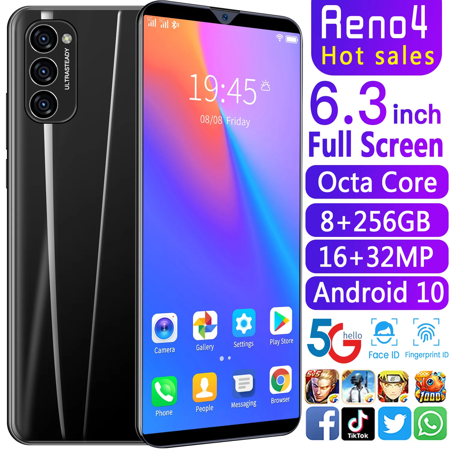 

Reno4 Factory original Smart phone with sealed Box Unlocked premium smartphone mobile phone lcds cell phone