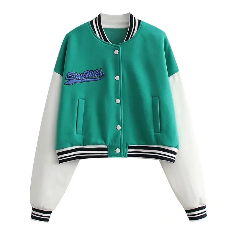 

In stock crop bomber jacket women autumn and winter plus velvet embroidery bomber jacket fleece uniform