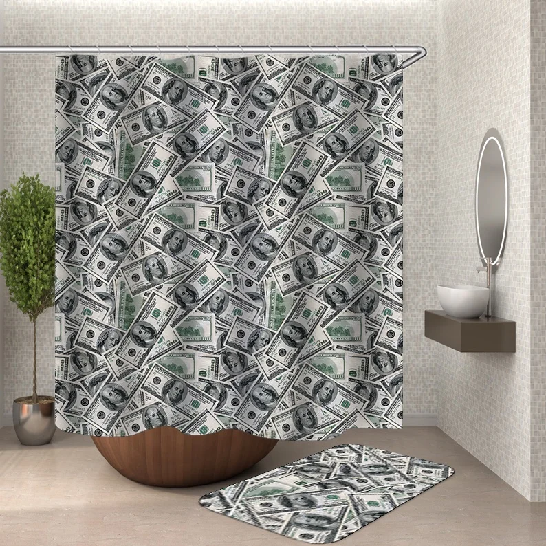 

i@home fabric dollar bill luxury bathroom custom print shower curtains polyester and bath mat set, Picture color