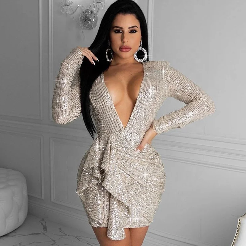

Women polyester V Neckline Solid Plunge Wrap Sequin Party Bodycon Dress Party Dress hidden back zipper closure knee length dress, As picture