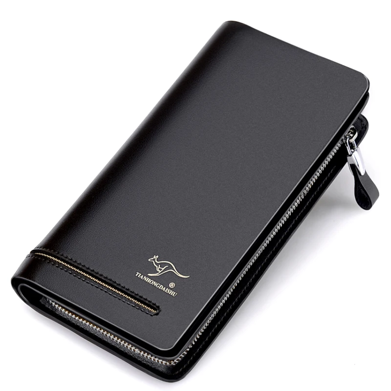 

Men's Leather Mobile Phone Wallet Retro Leisure Long Wallet A wallet with a minimalist zipper, Black and brown