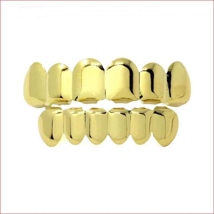 

High Quality 18k Gold Plated Hiphop Teeth Grillz Top and Bottom Grillz Gold Brass Grillz Halloween Jewelry Spot Wholesale, Picture