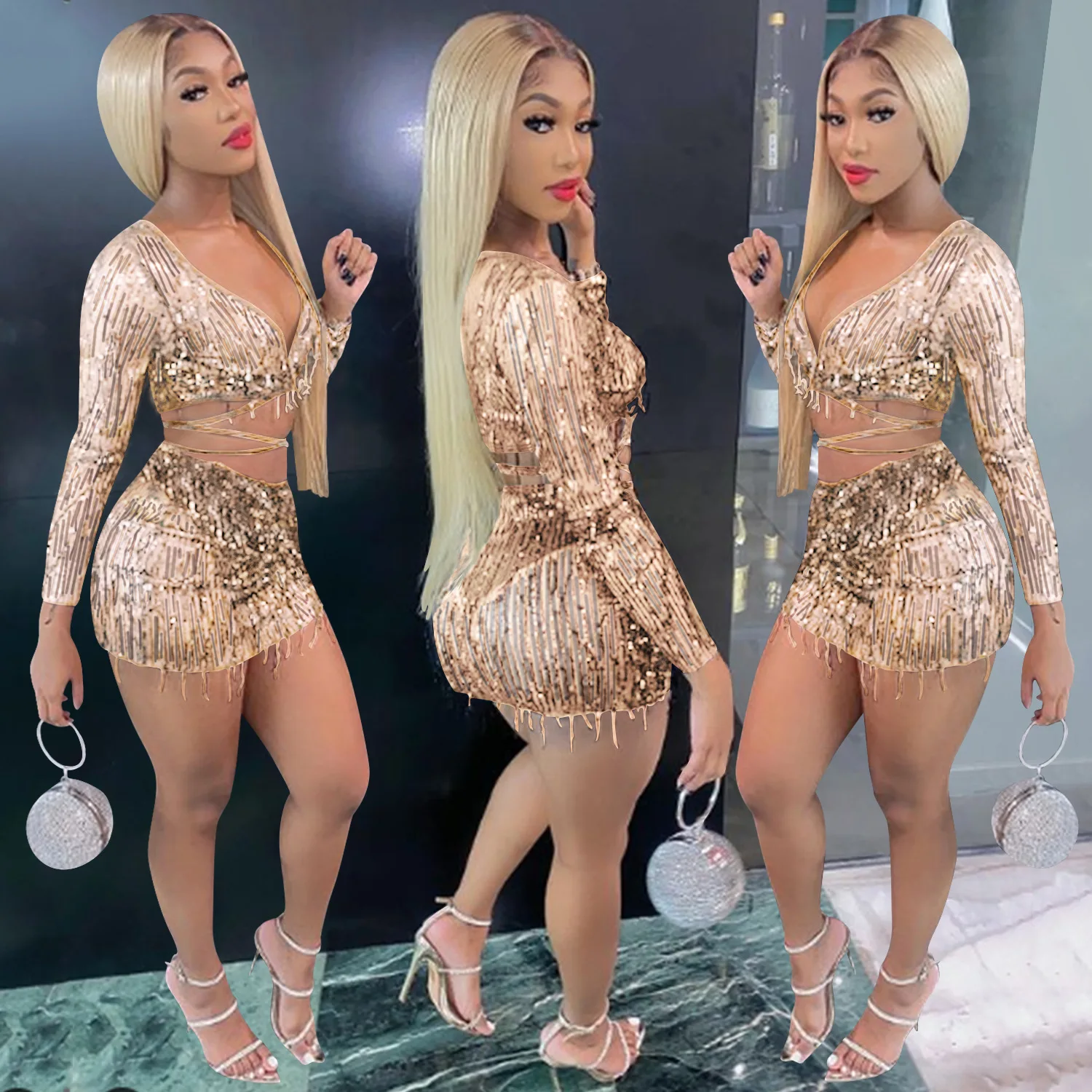 

X51031 - Skirt And Crop Top Sexy Fringe Sequins Women 2 Piece Set Clothing