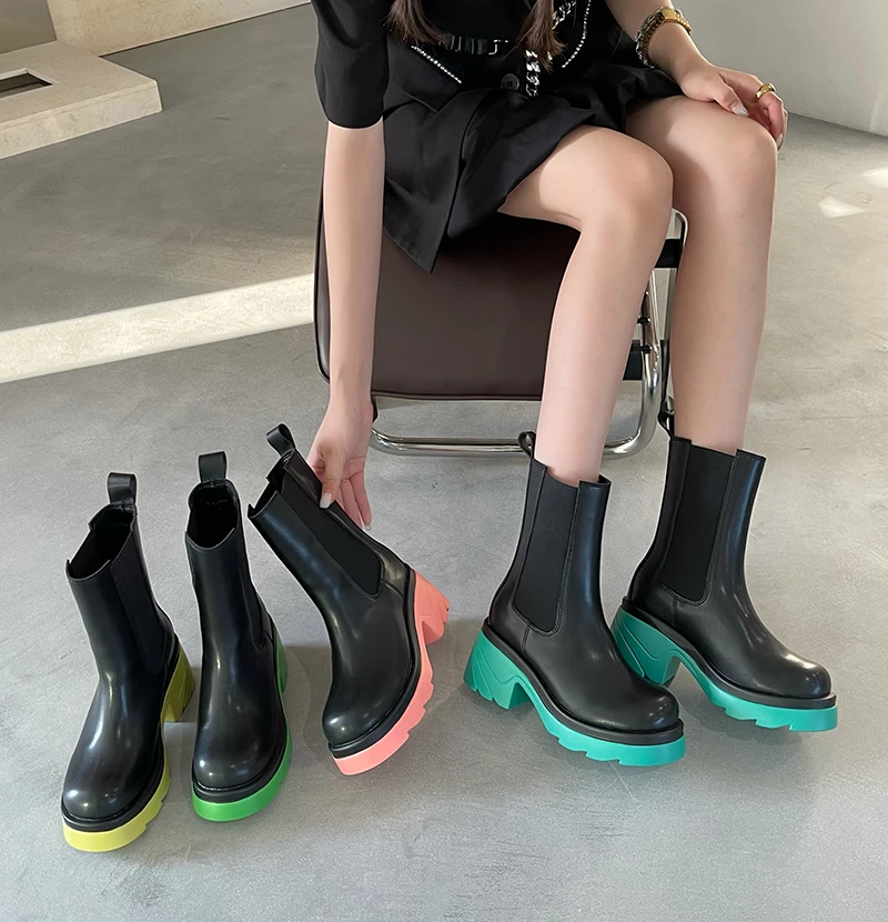 

Two tone chunky heel anti slip lady ankle boots pull on design stretch cloth patchwork women shoes for autumn and winter