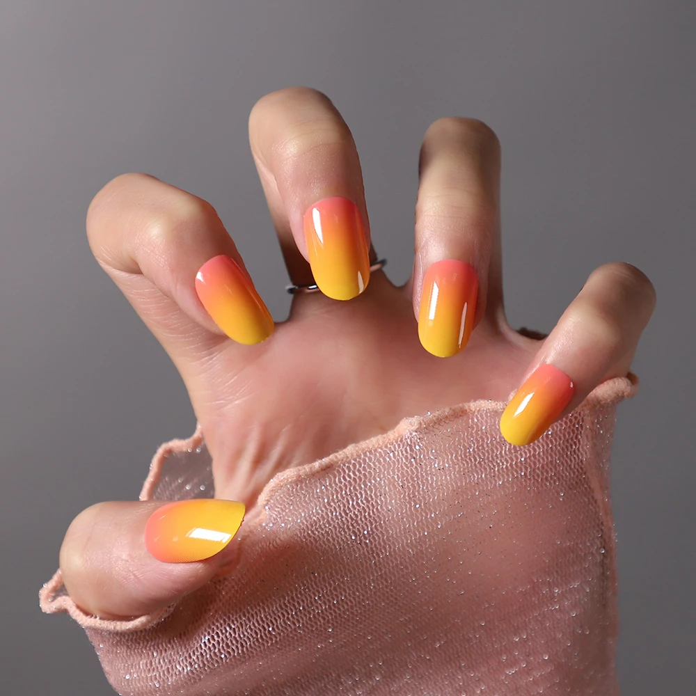 

Wholesale Long Lasting Box Of Ombre Press On Nails Short Oval Orange Gradient Nails Full Cover Private Label Young Girl False Na