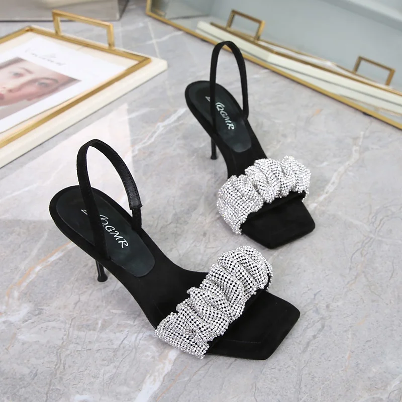 

Hot Fashion Diamond Rhinestone Shining Bling Heeled Square-headed Sheepskin Strap Sandals Fold Ankle Strap Women's Sandals, Customized color
