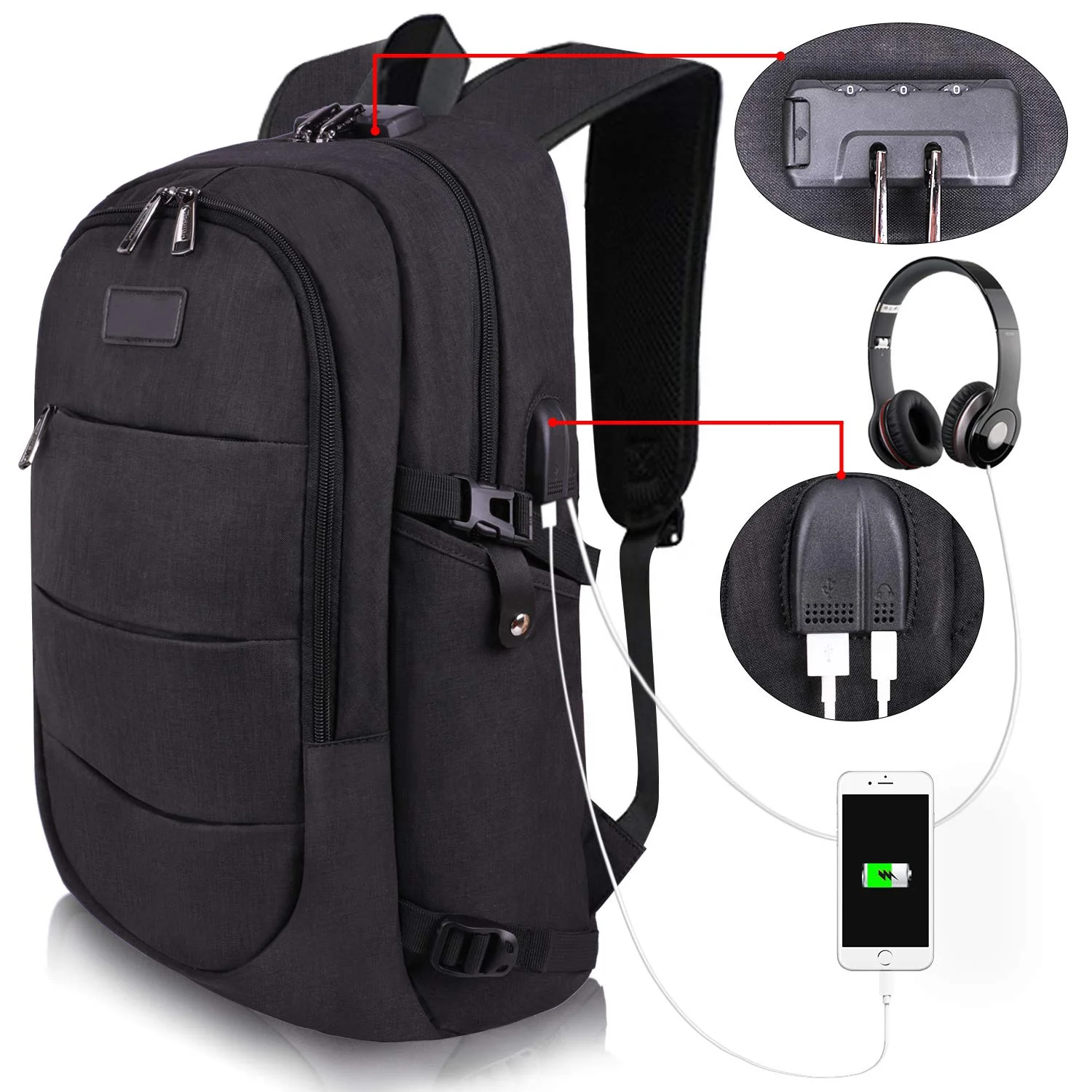 

Travel Laptop Backpack Water Resistant Anti-Theft Bag with USB Charging Port and Lock 14/15.6 Inch, Black