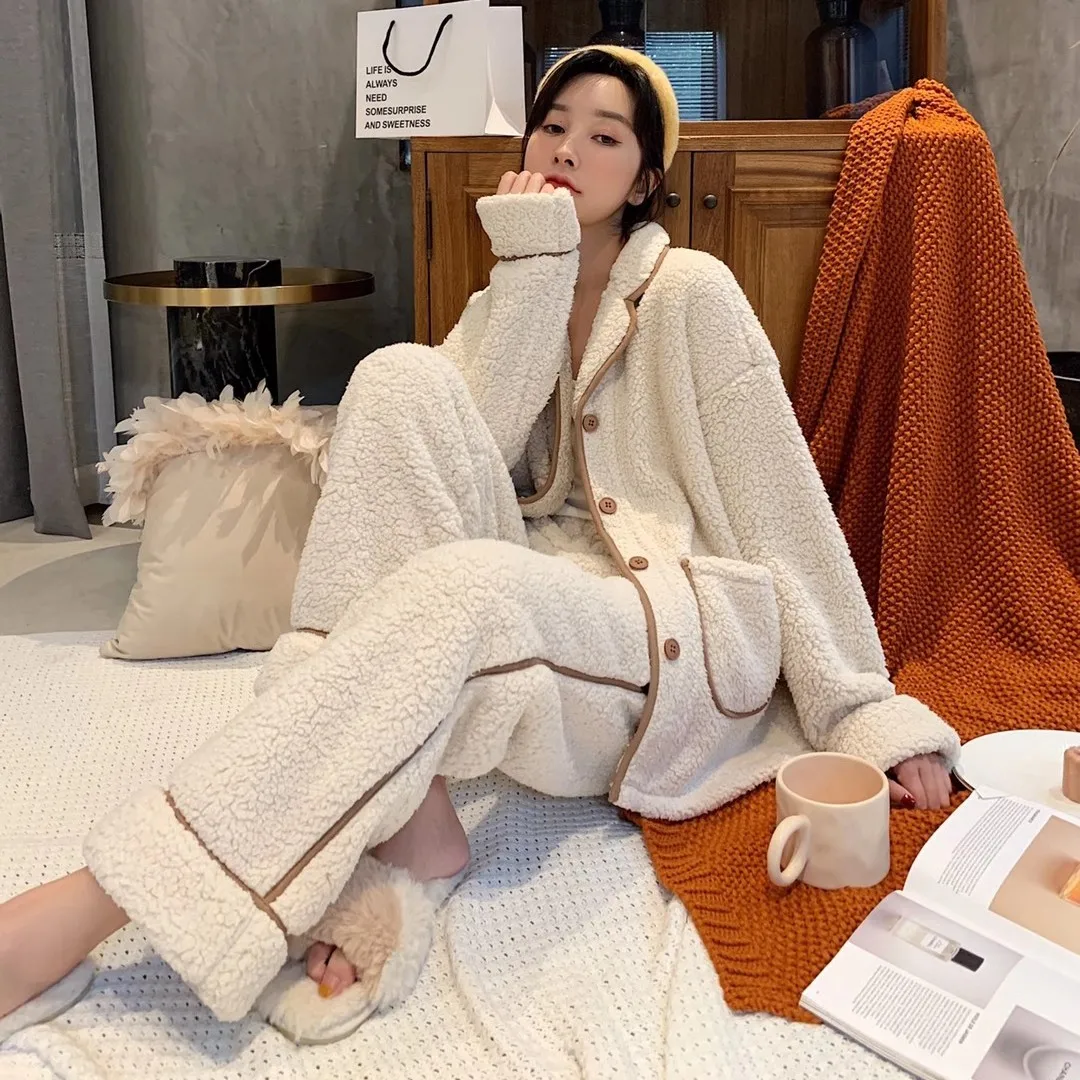 

New Elegant Winter Pajamas Lady's Thick Coral Fleece Sleepwear Two Piece Pyjama Set Women Warm Home Clothes Lamb Wool Nightwear