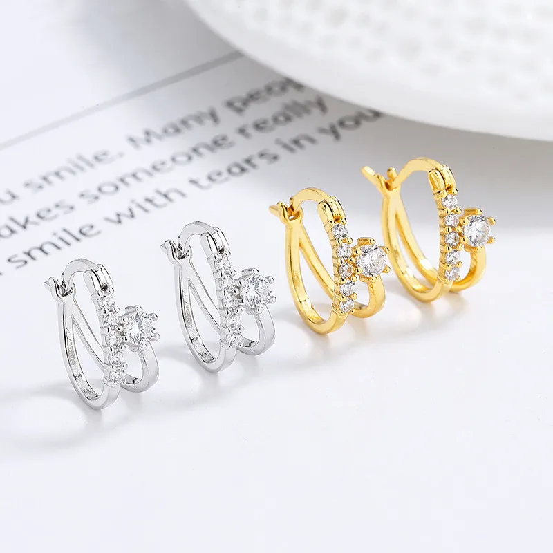 Fine Jewelry 925 Sterling Silver Statement Earrings Geometric Two Layers Row of Zircon Gold Plated Hoop Earrings Women