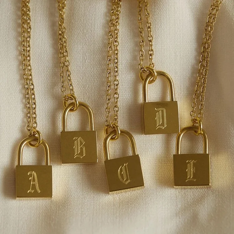 

Stainless Steel Gold Plated Padlock Old English Initial Letter Lock Pendant Necklace