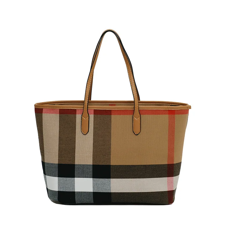 

Autumn and winter large bag fashion Plaid stripe women's canvas new foreign style large capacity tote bag one shoulder handbag, Customizable