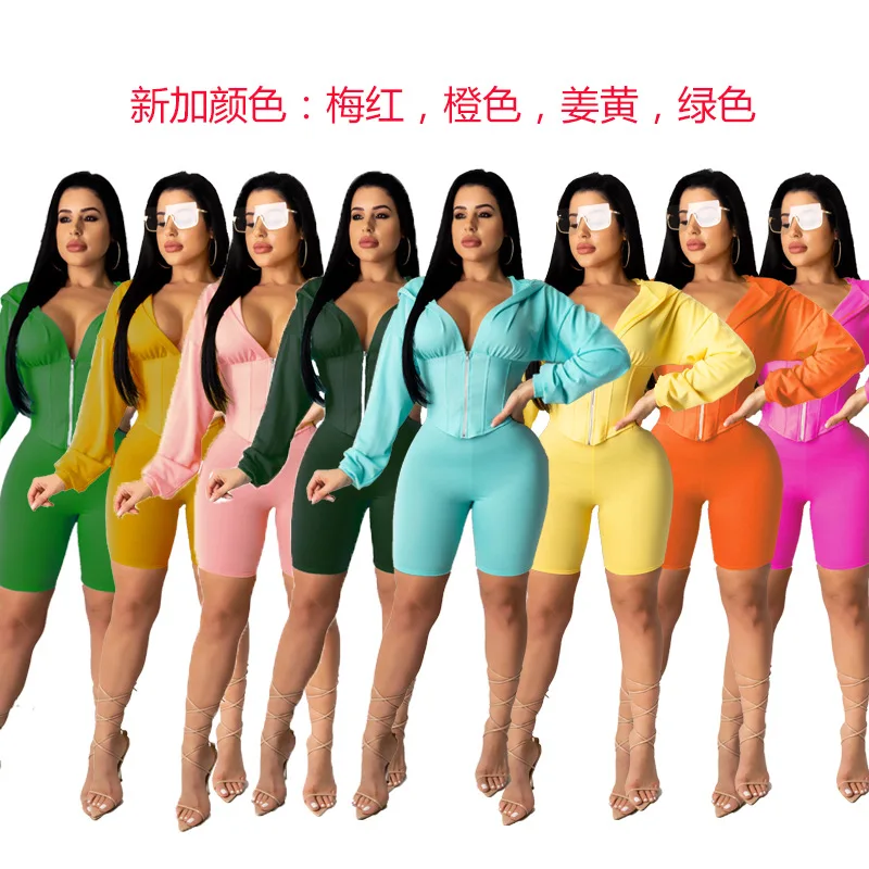

sOLID Colour Full Sleeve Zipper Tops With Shorts Sets Women's Two Piece bustier TOps Outwear 2020 Summer Fashion Style, Summer two piece sets