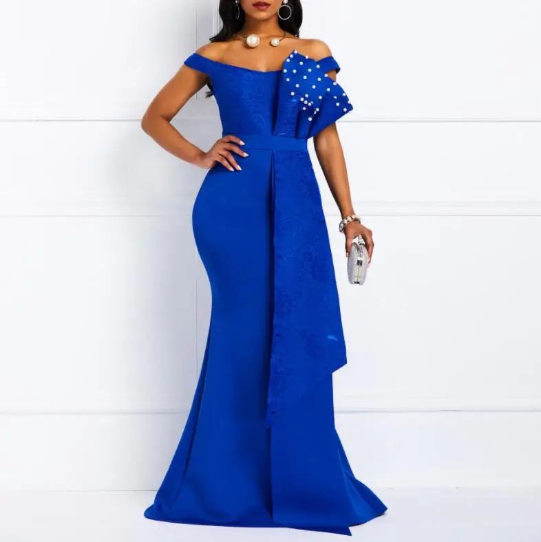 

Sexy Off Shoulder Ruffle Pencil Long Beading Evening Party Wear Dress For Women, Blue red yellow black