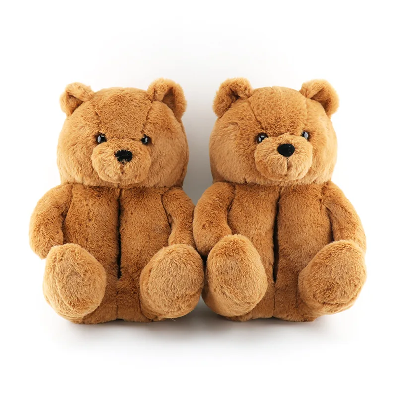 

Wholesale Brown Pink Black Thick Home Outdoor Plush Teddy Bear Slippers Kids, As photo show