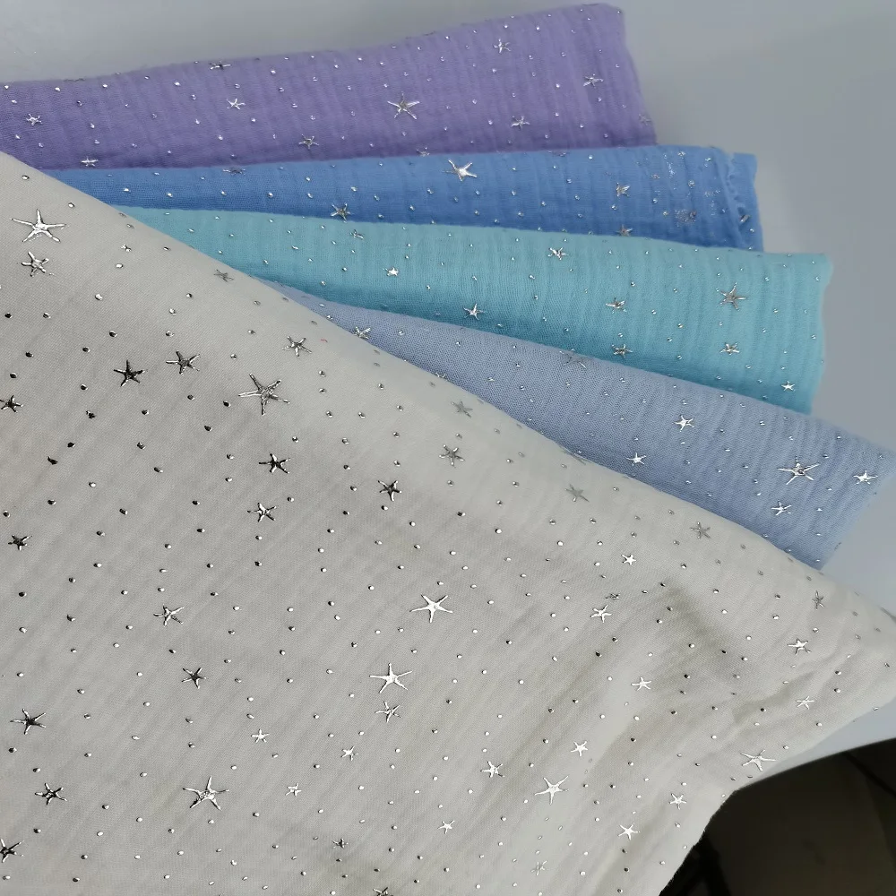 

2021 hot sale 100% Cotton 2 Layers Gauze Muslin Fabric with dew drop and Foil stars on top for Women's Dresses and Skirts