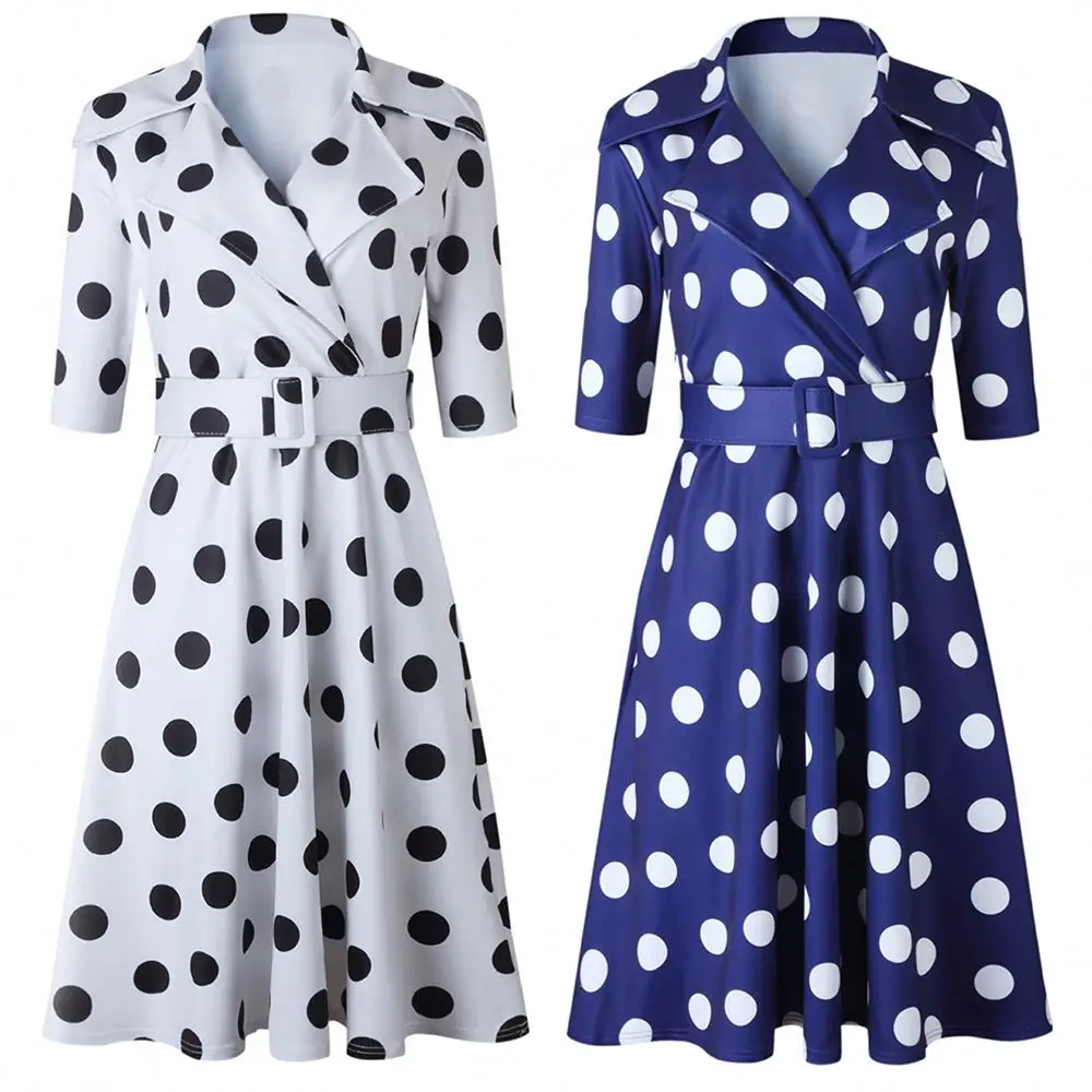 

T1104 Wholesale high quality suit collar point printed patchwork plus-size with belt polka dot elegant dresses, Picture color