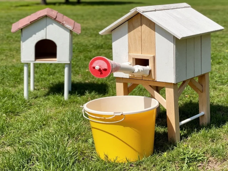 Three homemade chicken feeder designs using PVC wood and buckets