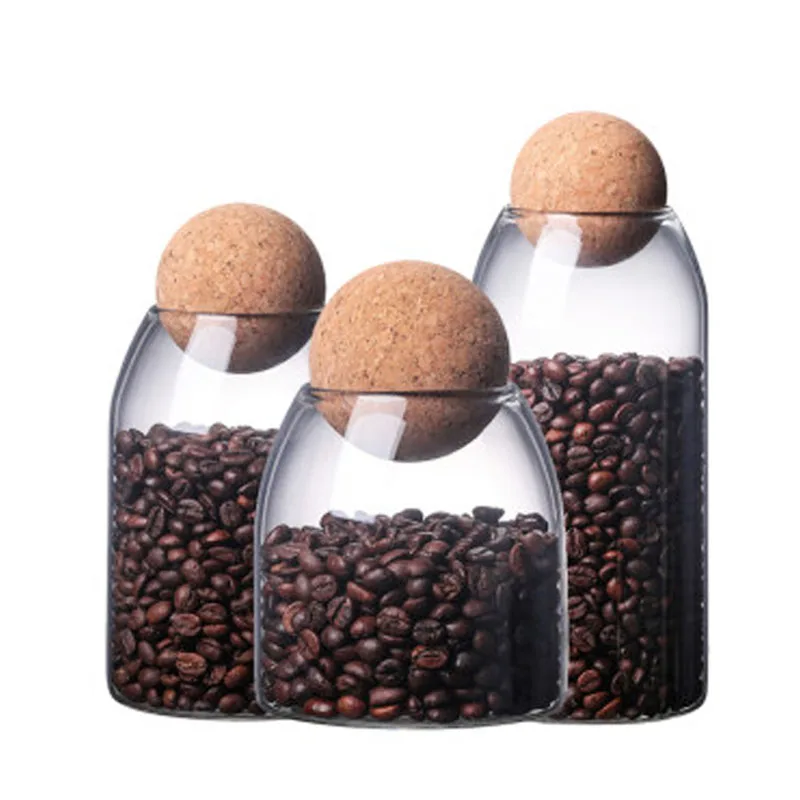 

Hot Selling Handmade Borosilicate Glass Canister Food Storage Jars with Wood Lid Cork Ball Stopper