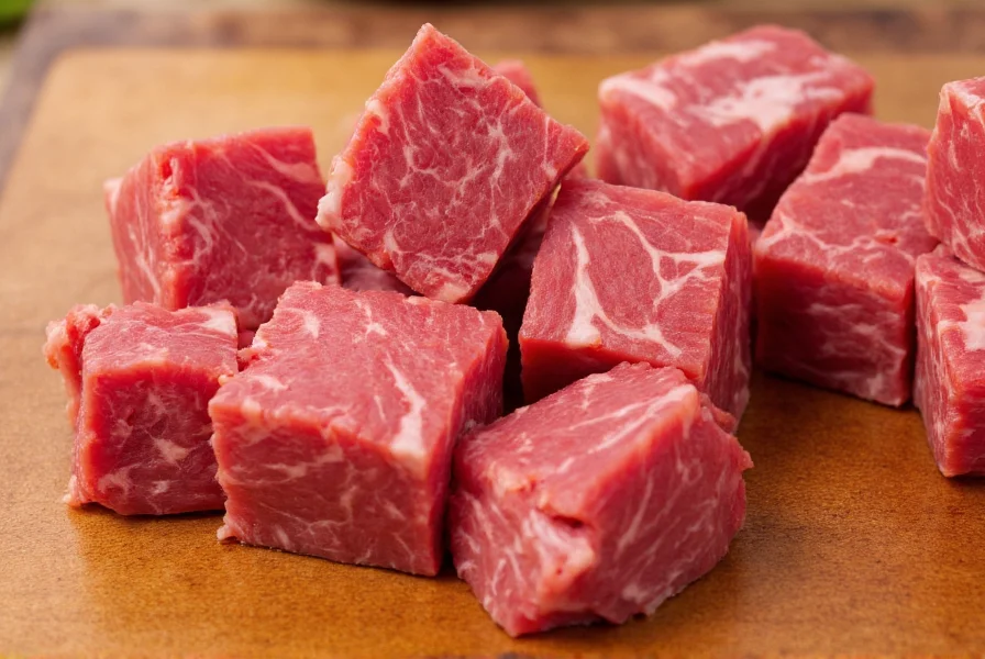 Close-up of fresh beef stew meat cubes with visible marbling on cutting board