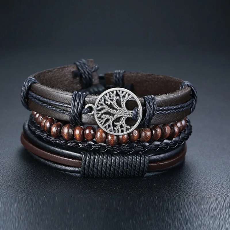 

4Pcs/ Set Braided Wrap Leather Bracelets for Men Vintage Wood Beads Ethnic Tribal Life Tree Charm Leather Wristbands Jewelry