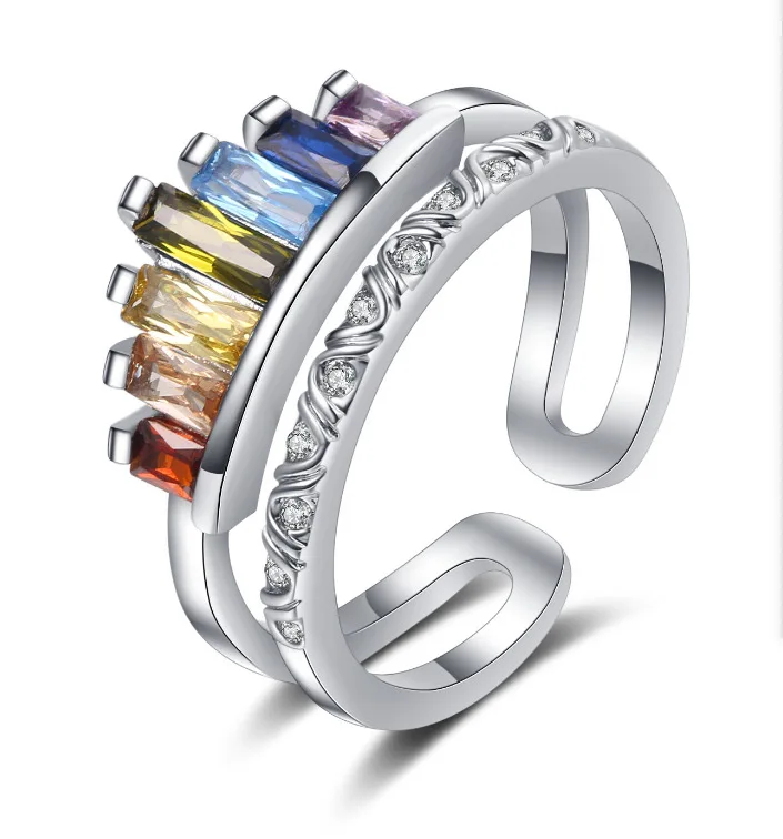 

Korean Version of Micro-inlaid Zircon Rainbow Crown Ring Female Fashion Opening Adjustable Index Finger Joint Ring Tail Ring, Colourful