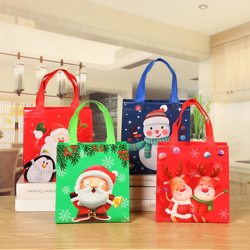 

Custom Portable Reusable Snowman Printed Handle Non-Woven Shopping Christmas Gift Bag, Color mix