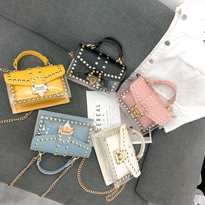 

Hot selling fashion rivet clear pvc bags women handbags ladies shoulder crossbody jelly purse with chain, 7 colors