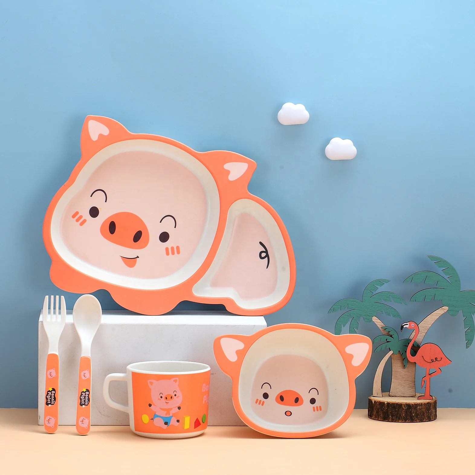 

BPA Free Bamboo Fiber Kids Children Baby Tableware Feeding Set A017