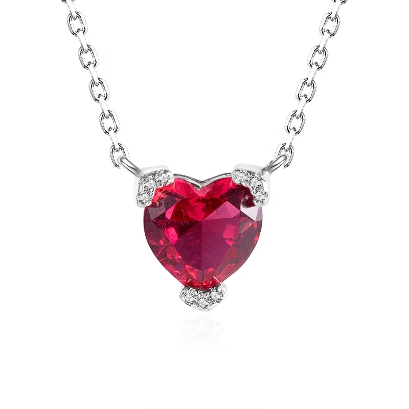 

2023 new arrival heart shaped red CZ chain silver necklace