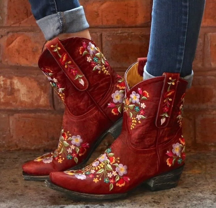 

2020 New Season Cowboy Ankle Boots Autumn Winter Pointed Toe Wedge Heel Boots Zipper Western Cowgirl Boots, Black,yellow,red ,white