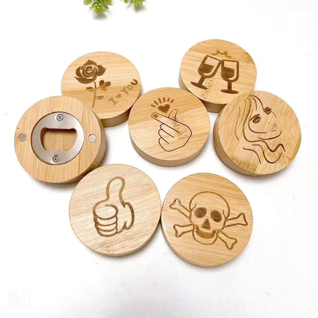 

Bamboo Fridge Magnet Bottle Opener Stainless Steel Magnetic Round Coaster Wooden Round or Customized Multifunction All-season