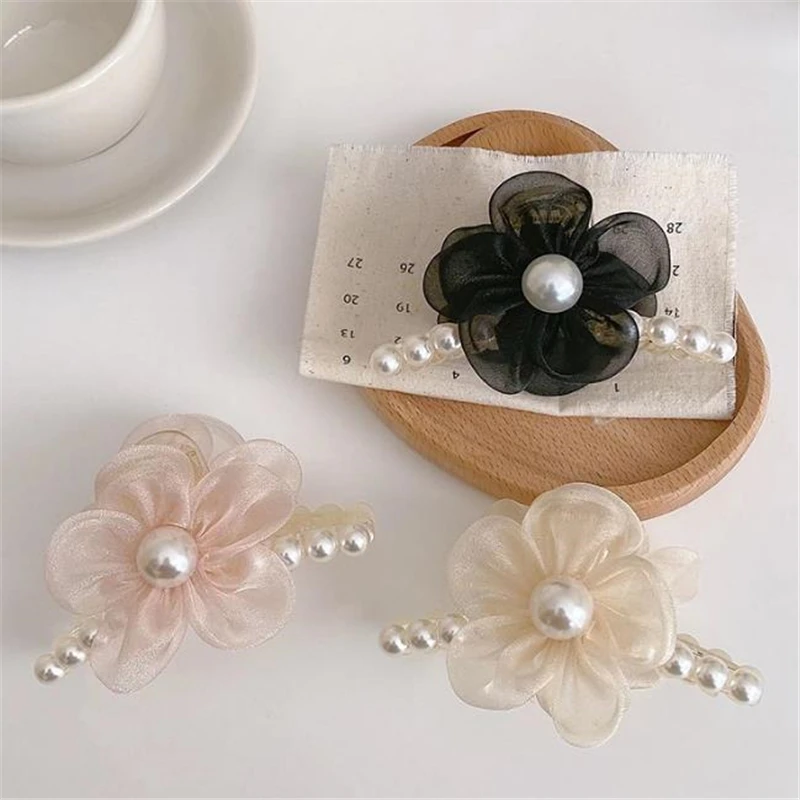 

Korean mesh flower large pearl grab clip back head pan hair clip temperament elegant hair claw clips for women